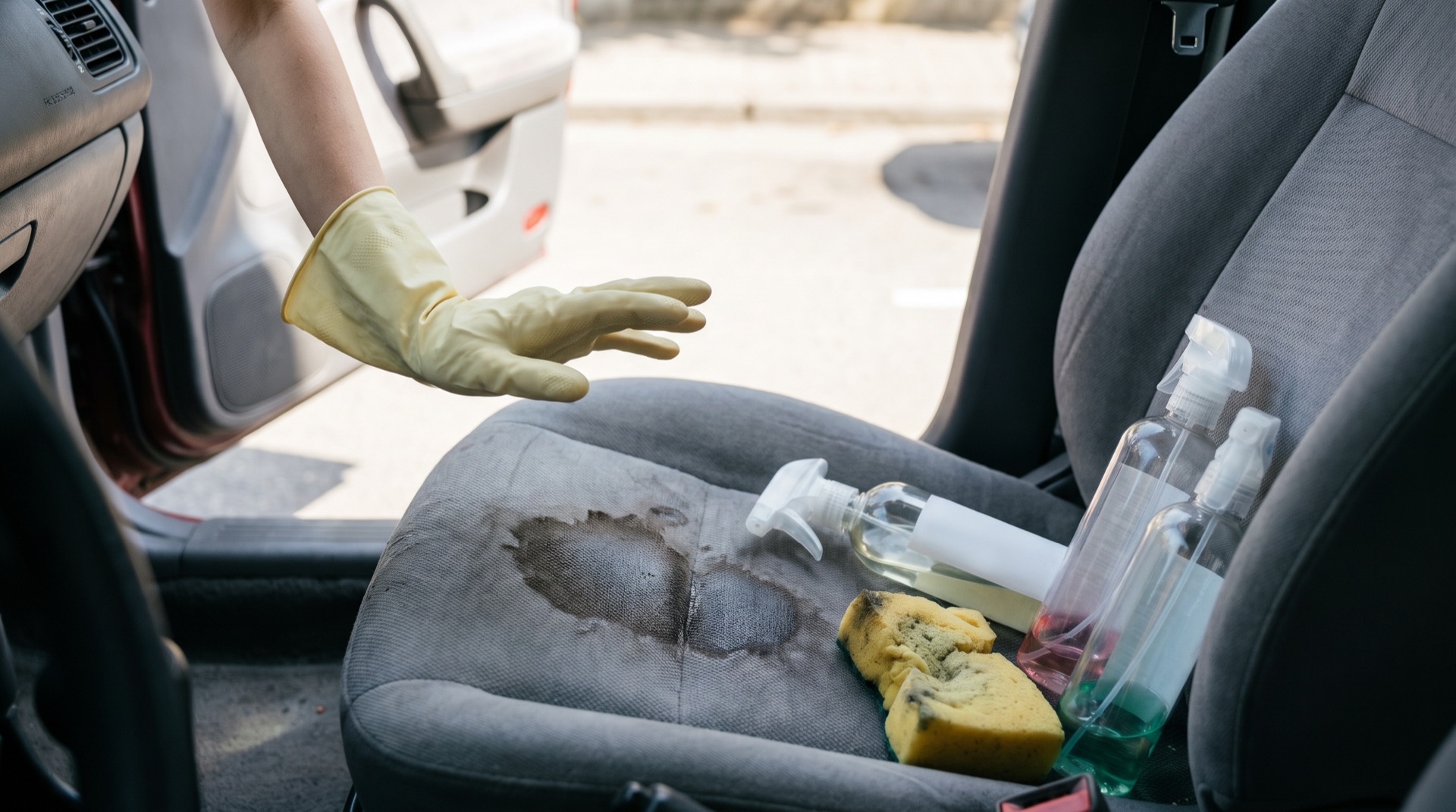 Autositz mit Fleck und Haushaltsreinigern nach einem misslungenen Reinigungsversuch