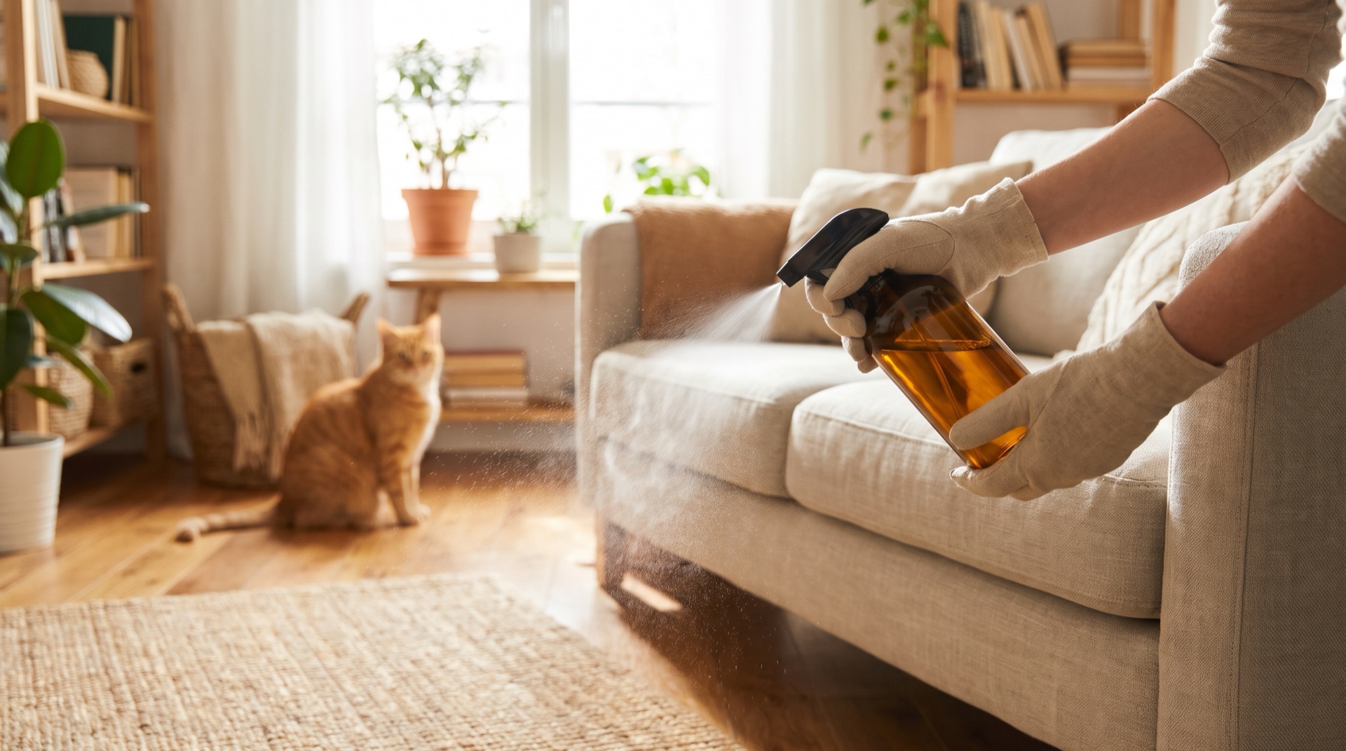 Geruchsneutralisierendes Spray wird auf ein Sofa aufgetragen, im Hintergrund sitzt eine Katze
