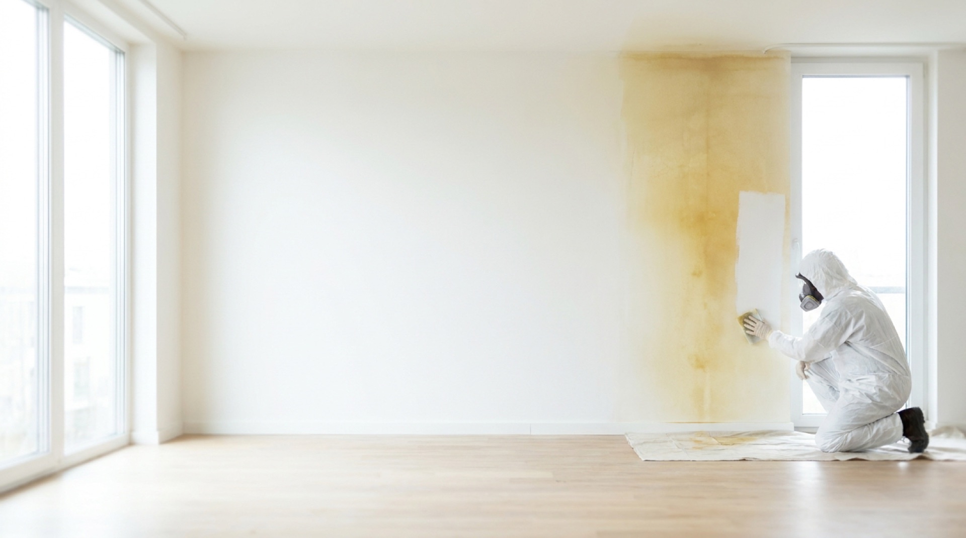 Spezialist im Schutzanzug reinigt eine vergilbte Wand von Nikotinablagerungen